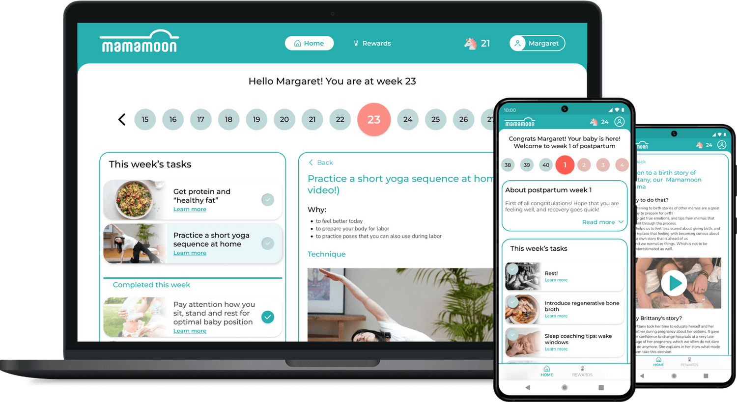 Mammoon app interface displayed on laptop, tablet, and smartphone.