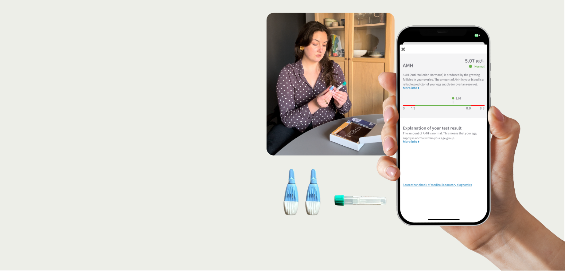 Person doing an at-home fertility test with a finger prick with a phone showing the results